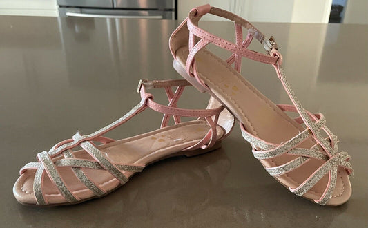 NO BOYZ Sandals Pink & Glitter PU Cut Out Open Toe Ankle Strap Flat Girls Size 2