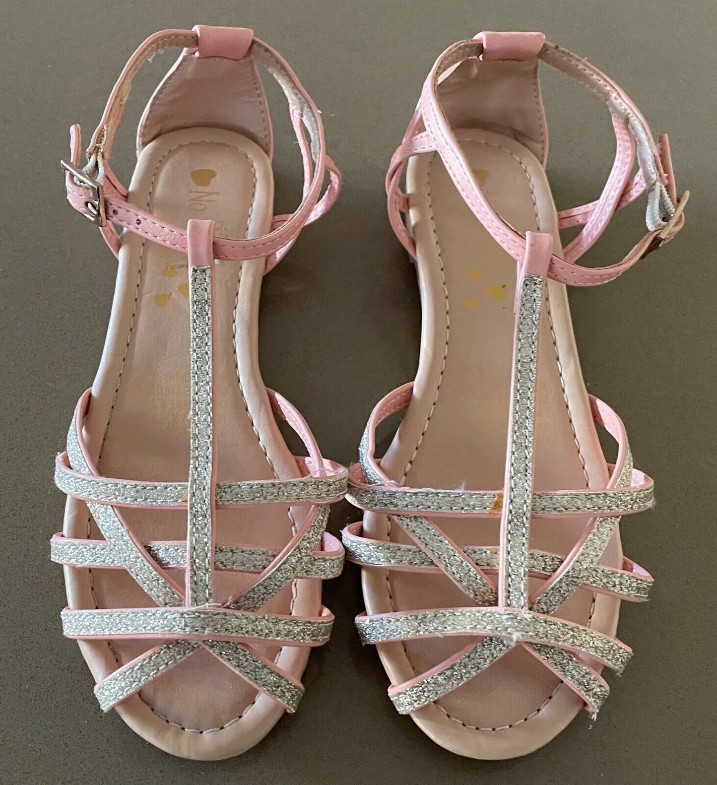 NO BOYZ Sandals Pink & Glitter PU Cut Out Open Toe Ankle Strap Flat Girls Size 2