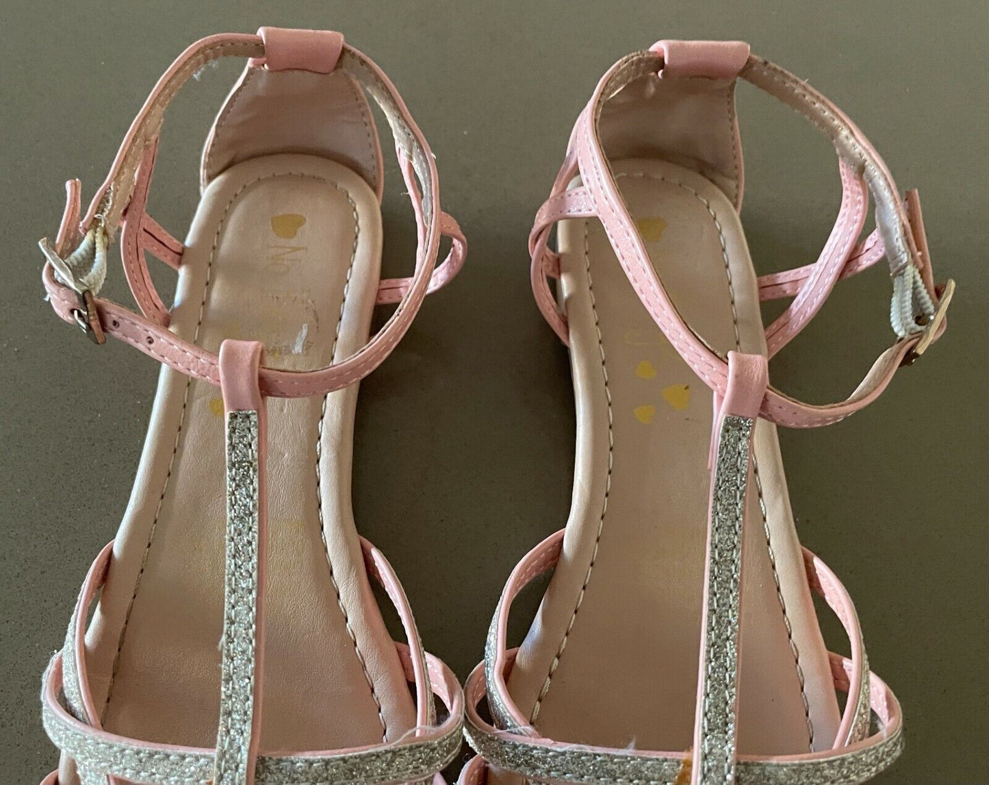 NO BOYZ Sandals Pink & Glitter PU Cut Out Open Toe Ankle Strap Flat Girls Size 2