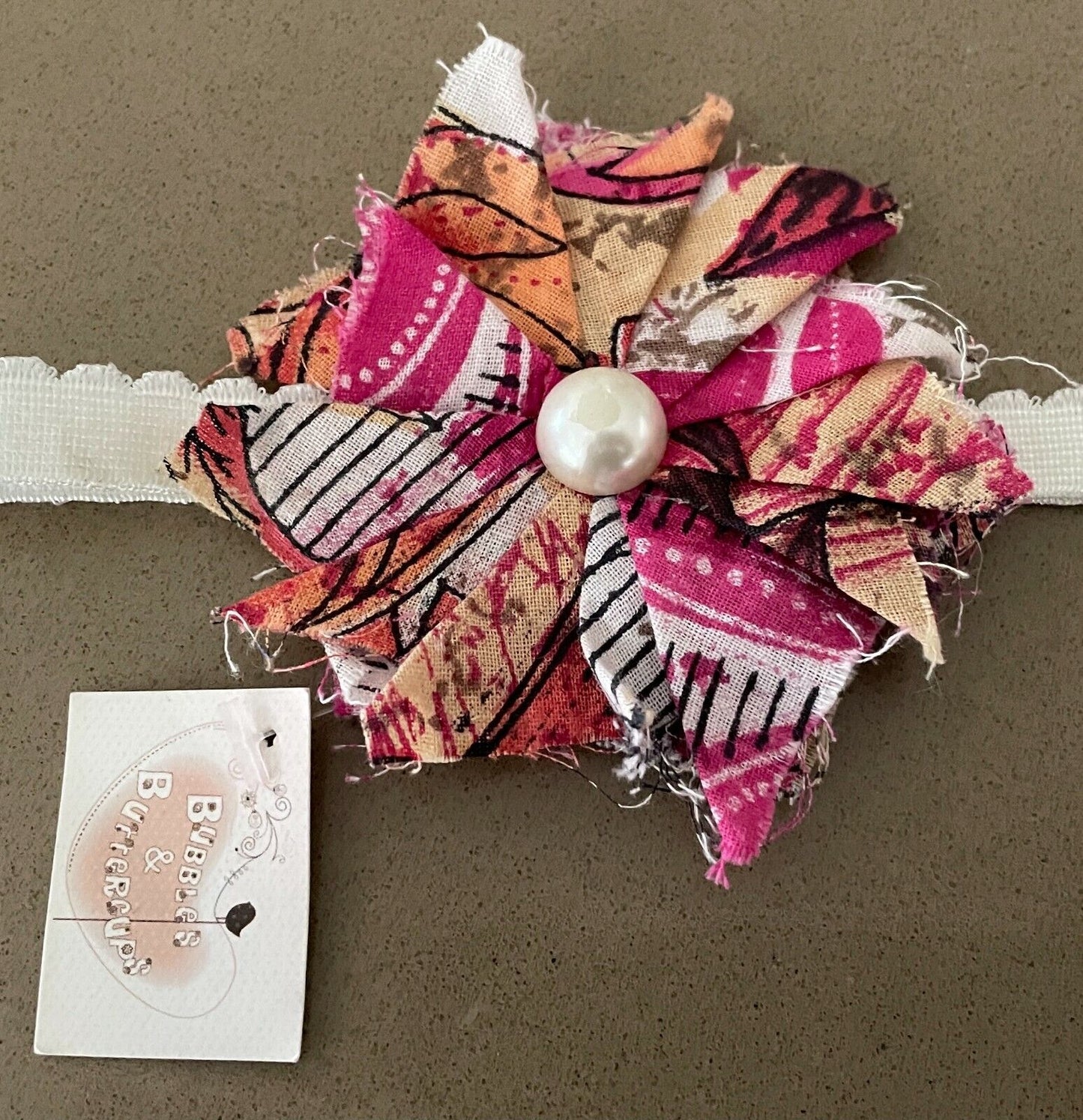 HEADBAND BUBBLES & BUTTERCUPS Girls White Elastic Headband Fabric Pearl Trim NEW