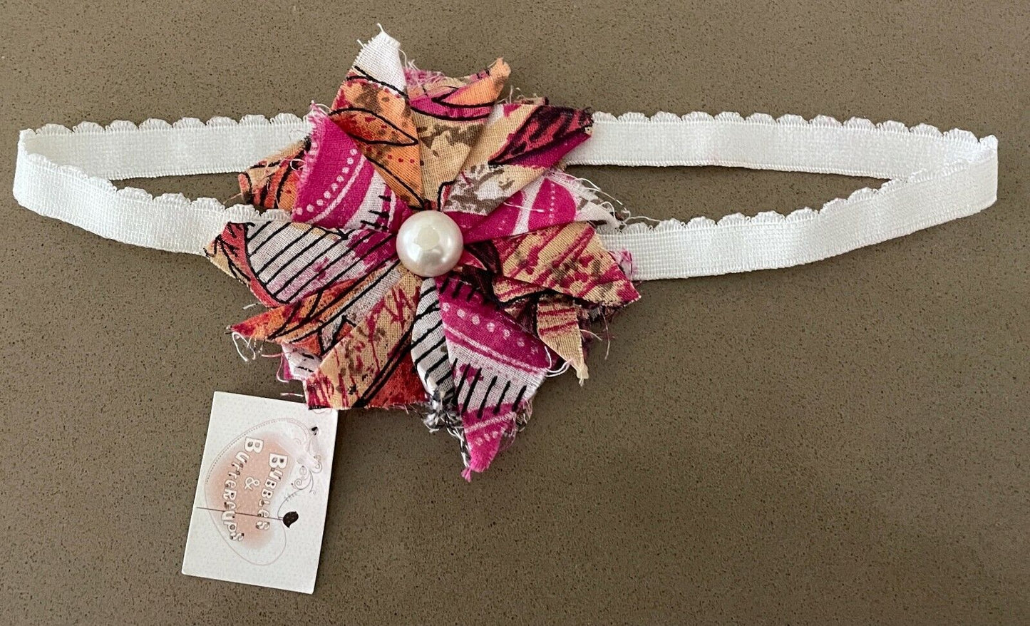 HEADBAND BUBBLES & BUTTERCUPS Girls White Elastic Headband Fabric Pearl Trim NEW