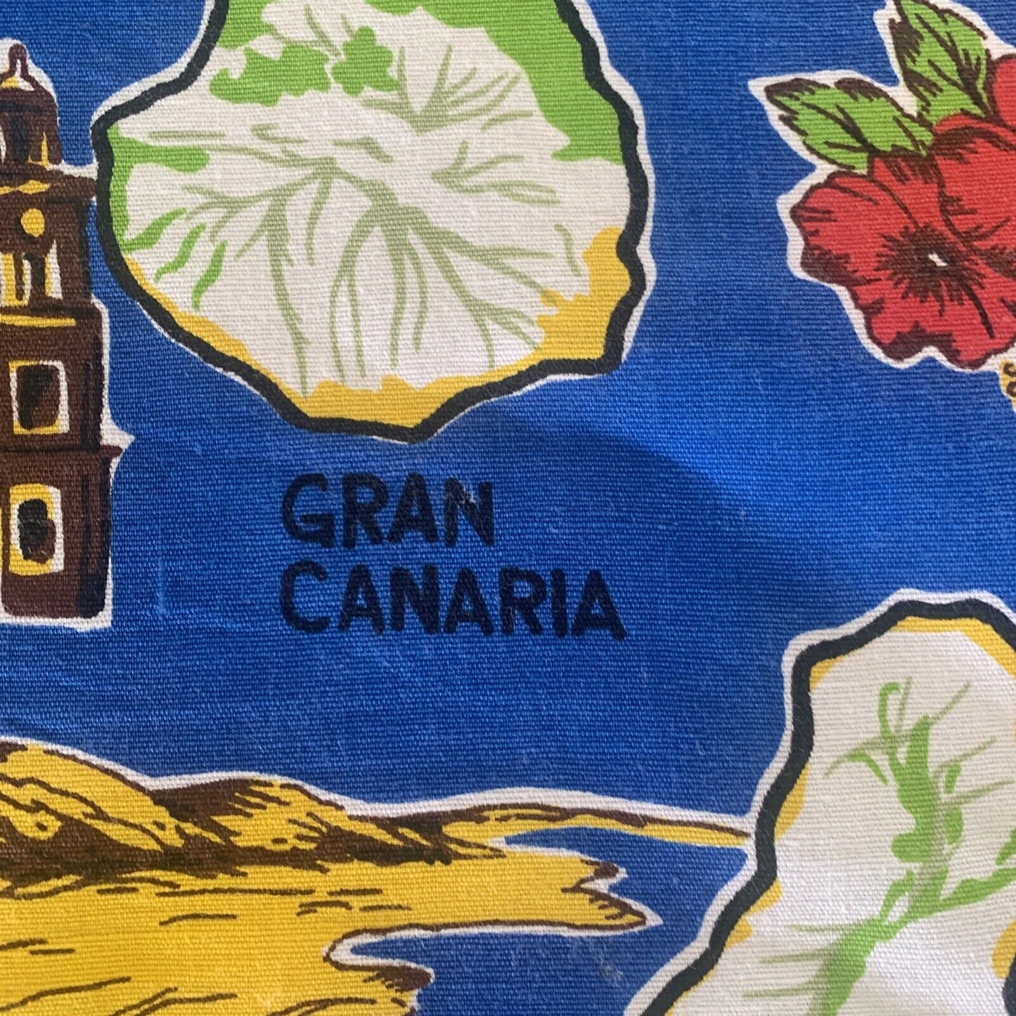 Vintage TEA TOWEL Cotton RECUERDO CANARIAS Canary Islands Souvenir Landscape