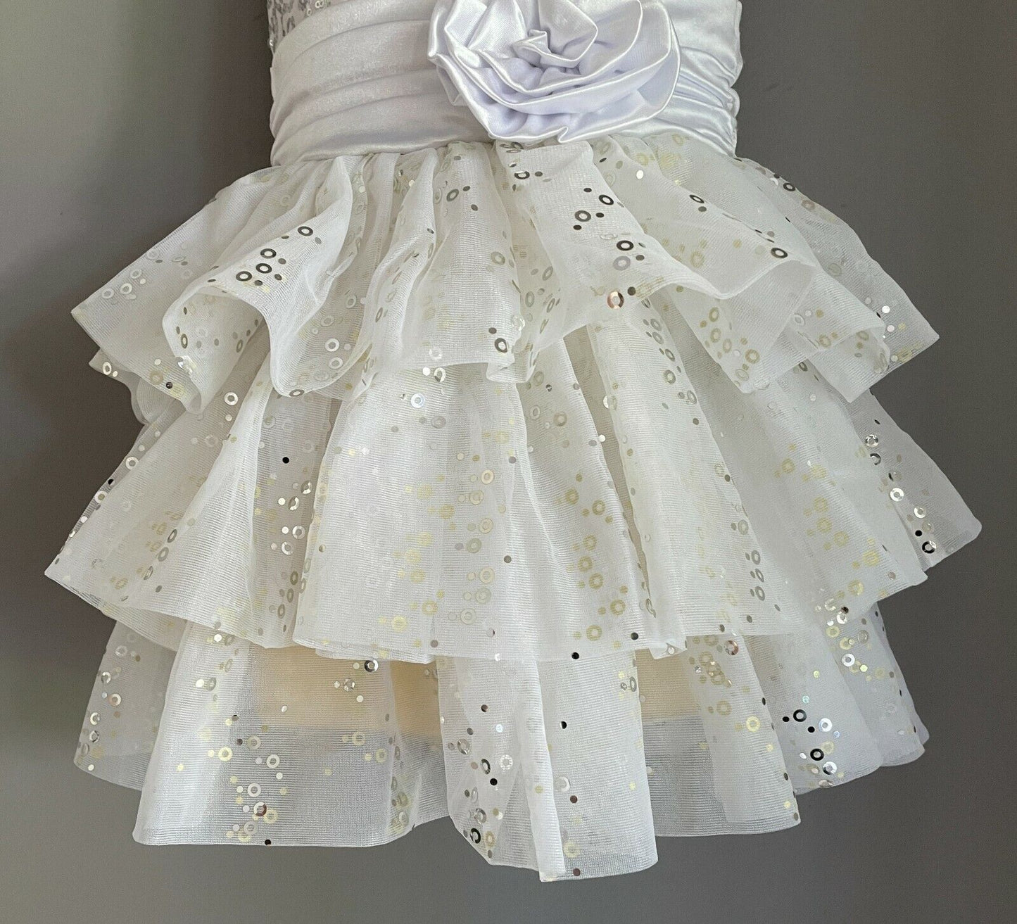 Girls WEISSMAN Tiered Dress White Silver Sequin Halter Neck Tulle Sz XS 4 5 Yrs