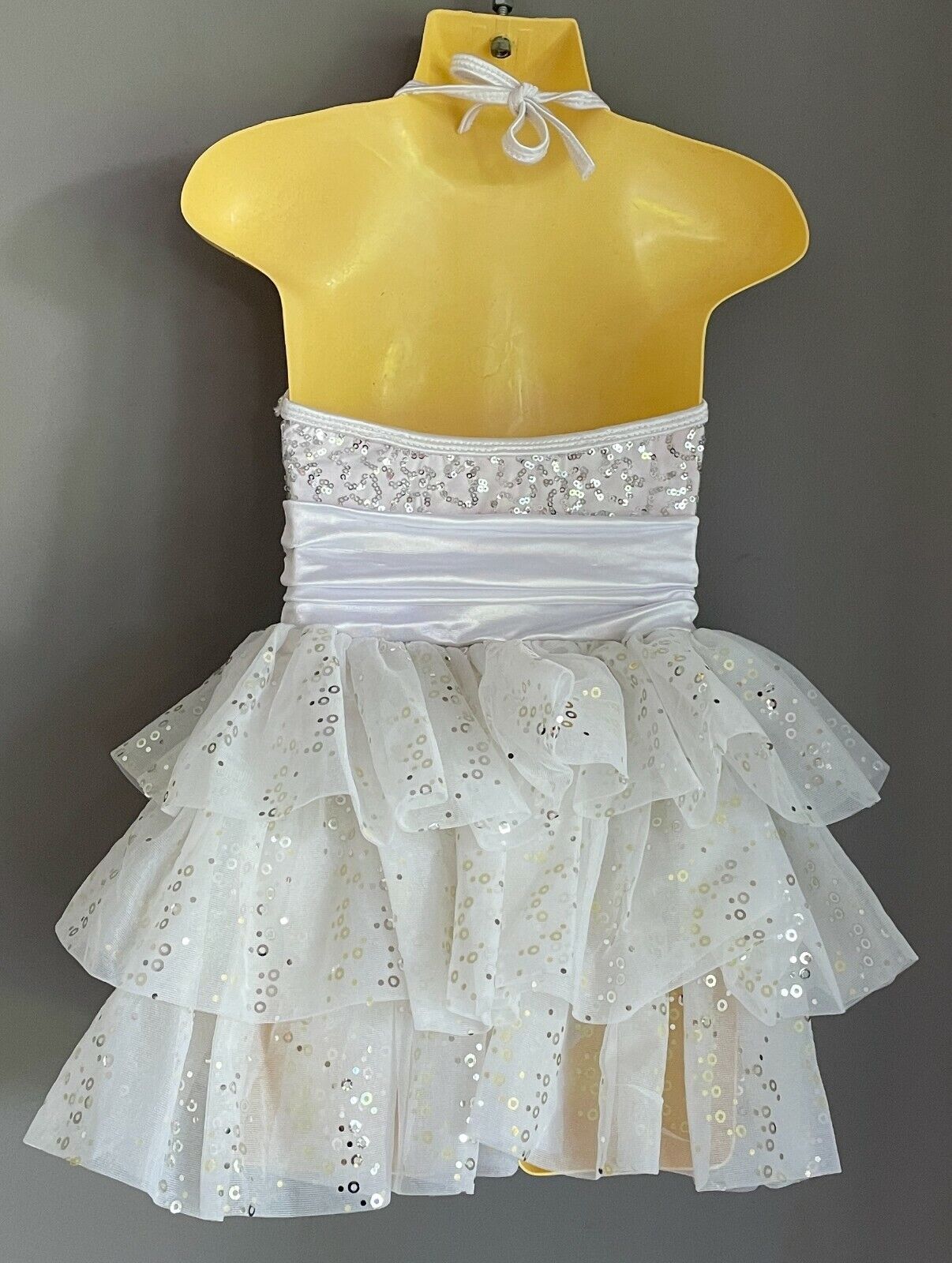 Girls WEISSMAN Tiered Dress White Silver Sequin Halter Neck Tulle Sz XS 4 5 Yrs