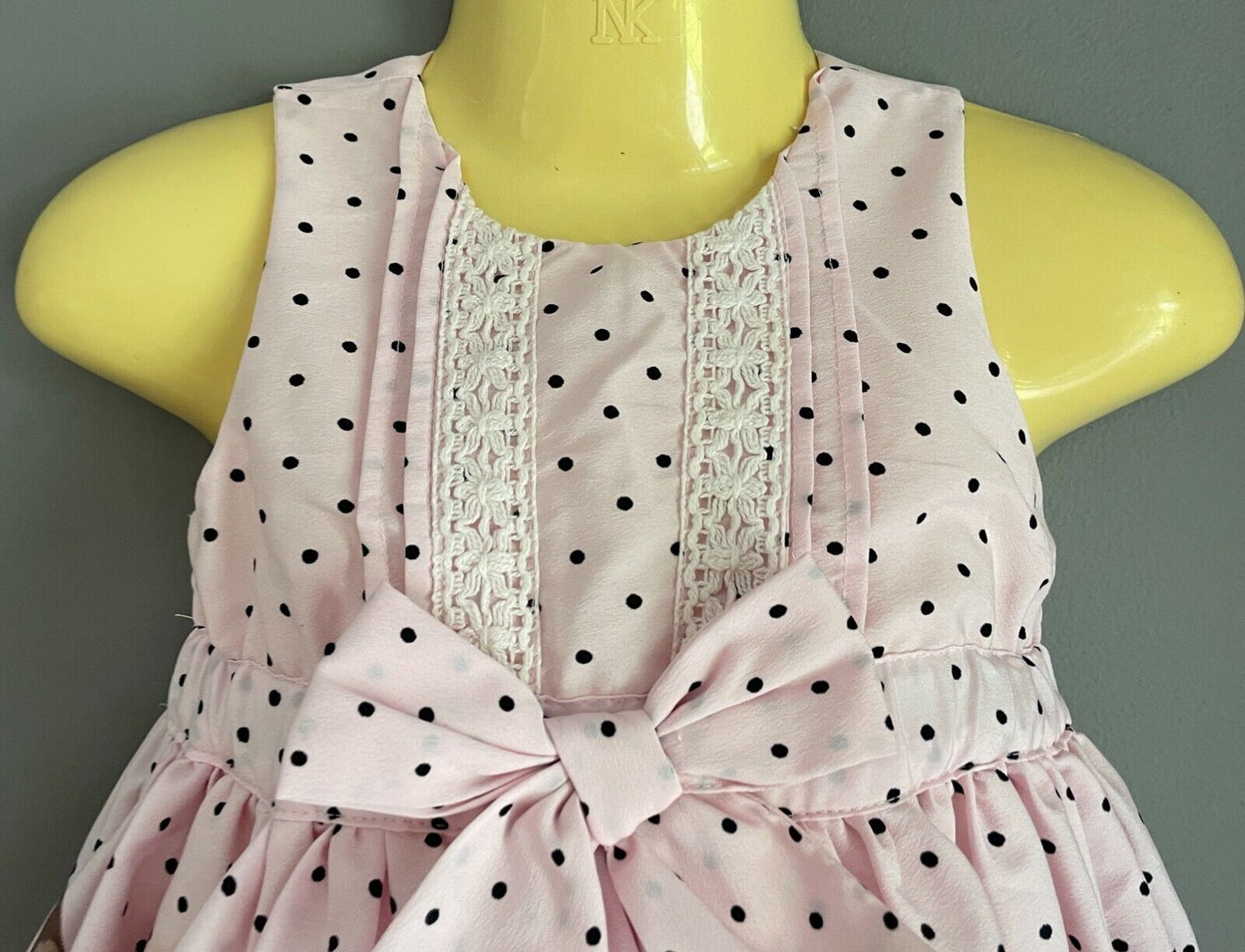 Baby Girl Dress w Bow Pink Black Polka Dot & Floral Print Trim Size 3 - 6 months