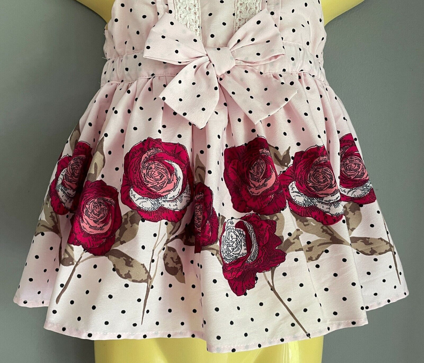 Baby Girl Dress w Bow Pink Black Polka Dot & Floral Print Trim Size 3 - 6 months