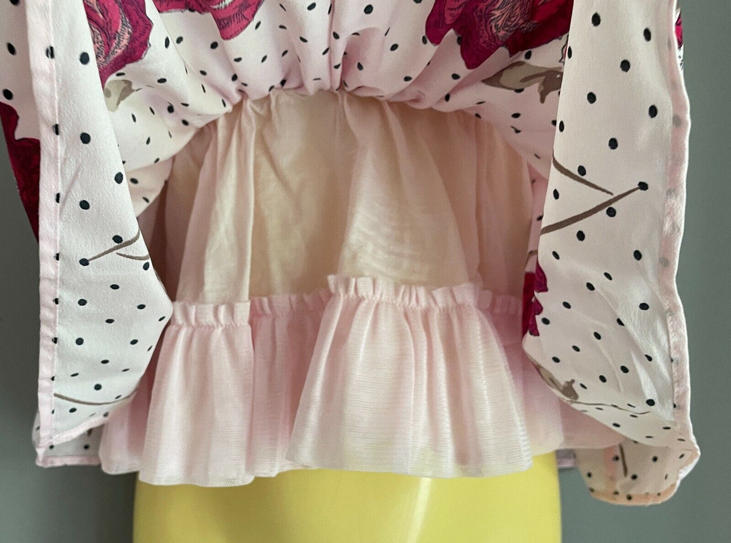 Baby Girl Dress w Bow Pink Black Polka Dot & Floral Print Trim Size 3 - 6 months