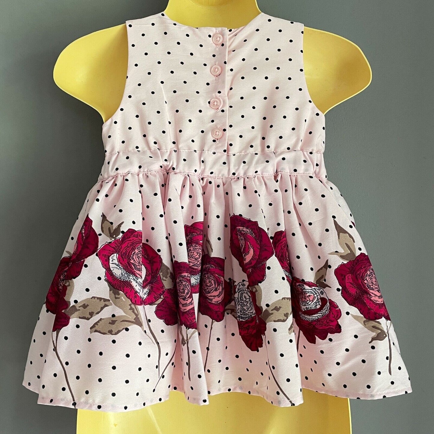 Baby Girl Dress w Bow Pink Black Polka Dot & Floral Print Trim Size 3 - 6 months