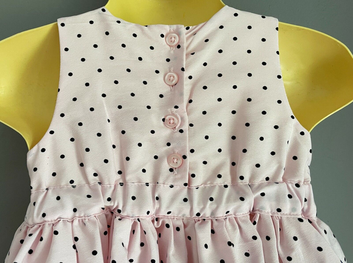 Baby Girl Dress w Bow Pink Black Polka Dot & Floral Print Trim Size 3 - 6 months