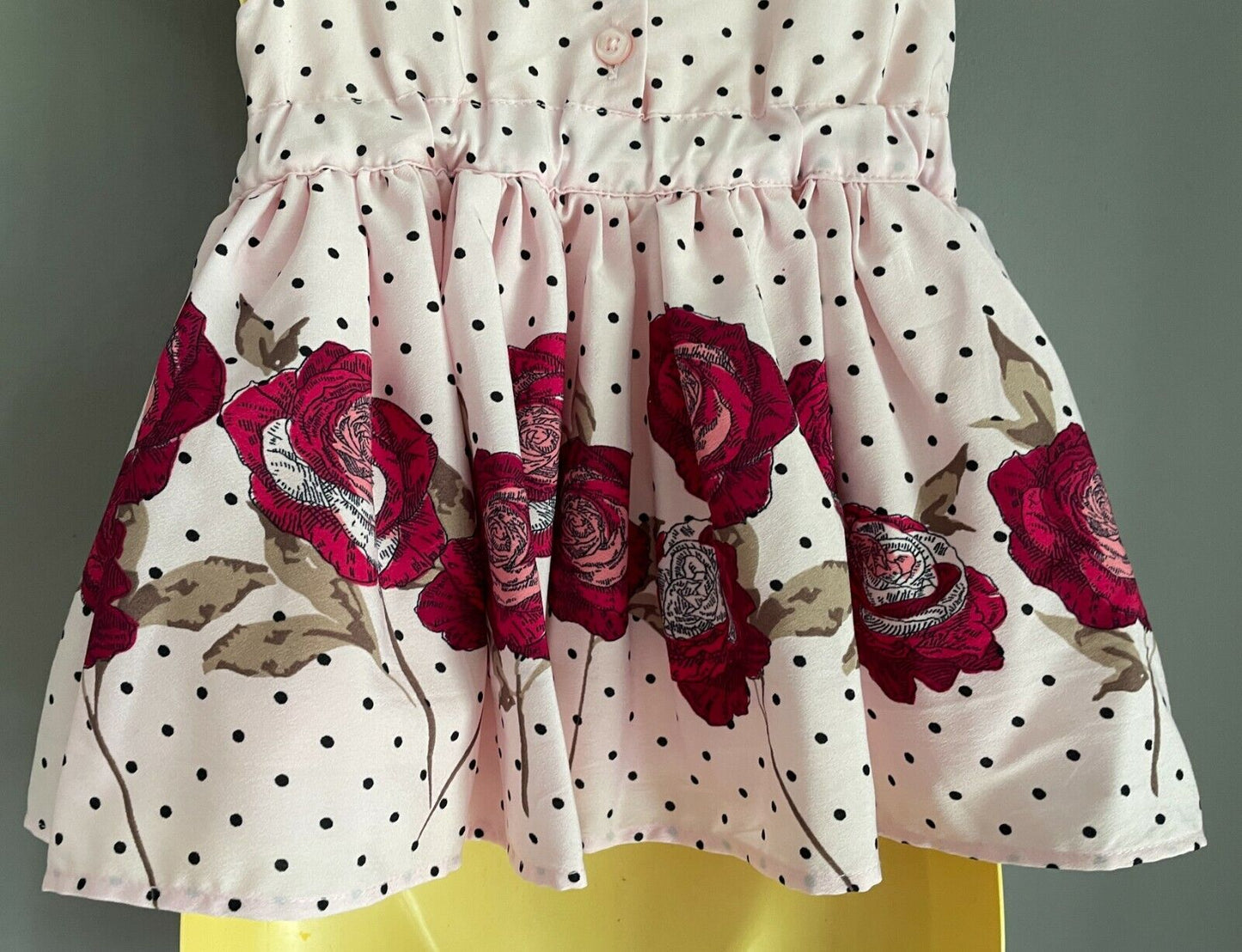 Baby Girl Dress w Bow Pink Black Polka Dot & Floral Print Trim Size 3 - 6 months