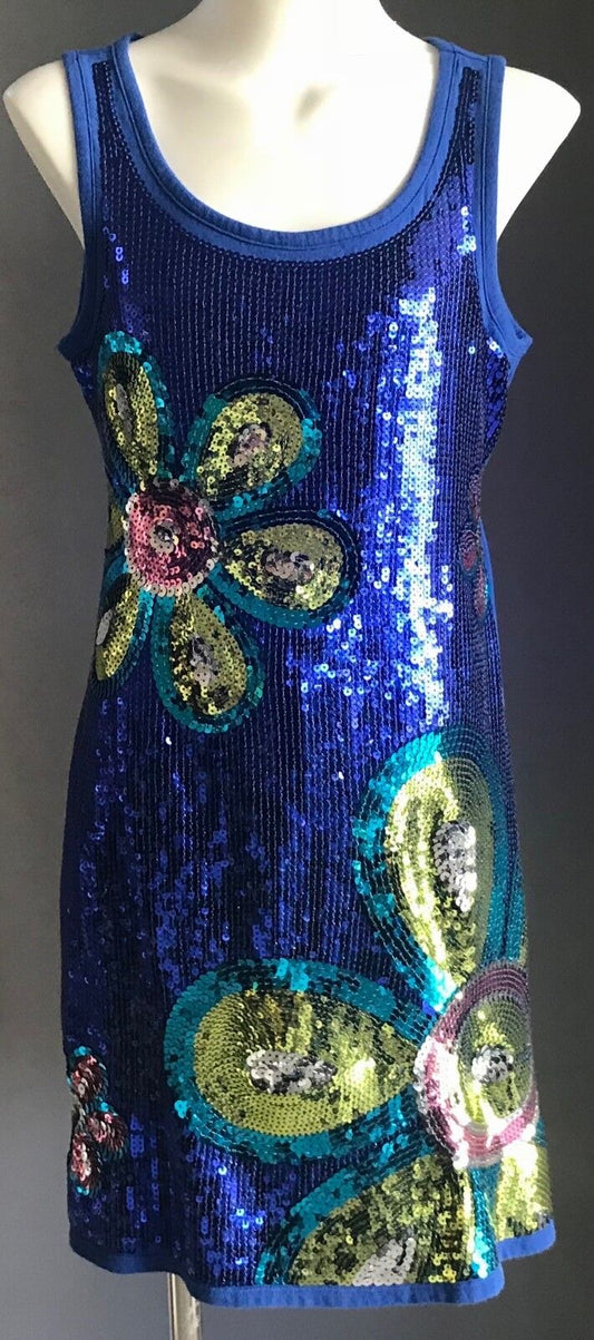 JUSTICE Shift Dress Tween Girl Size 12 Blue Sleeveless Sequin Floral Embellished