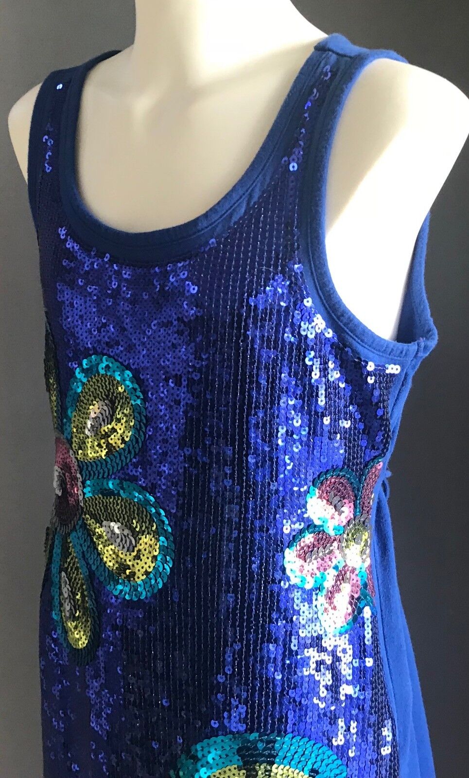 JUSTICE Shift Dress Tween Girl Size 12 Blue Sleeveless Sequin Floral Embellished