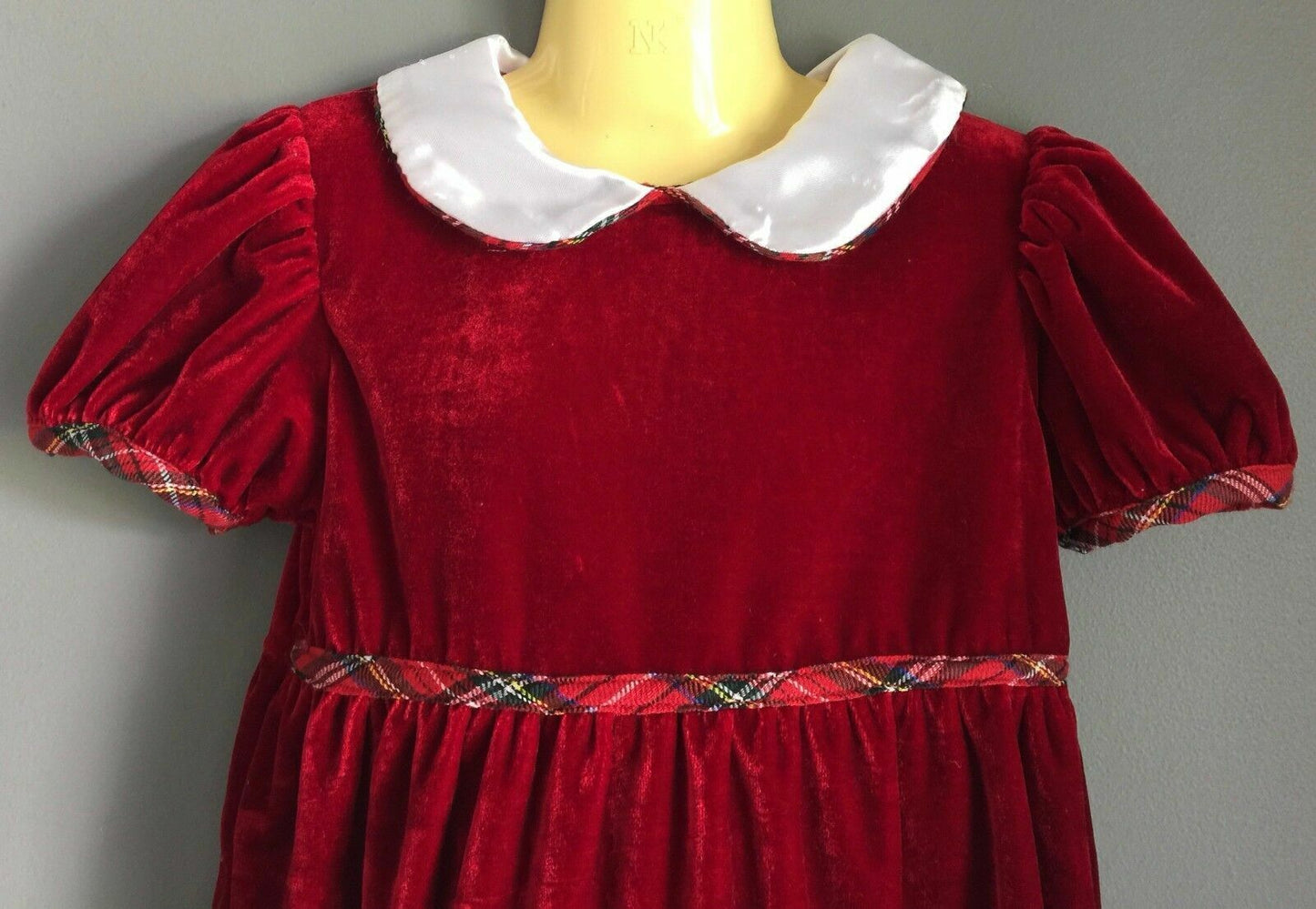 LONGROAL Dress Deep Red Velour Tartan w Peter Pan Collar Size 4 Vintage Girls