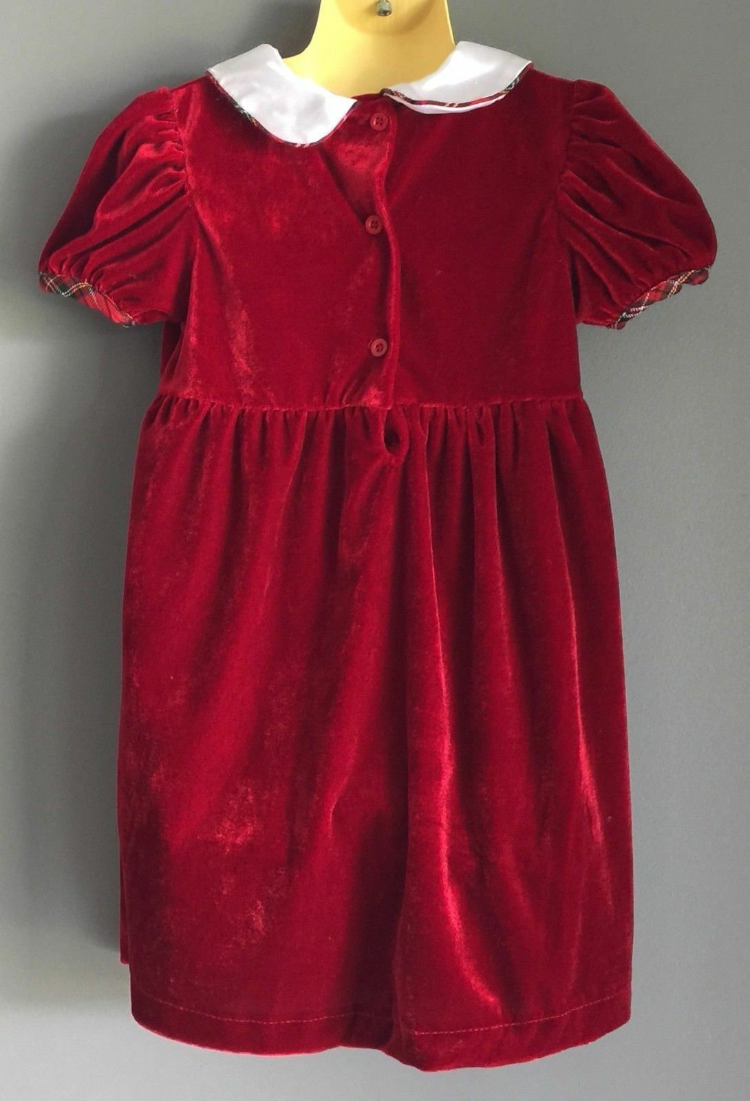 LONGROAL Dress Deep Red Velour Tartan w Peter Pan Collar Size 4 Vintage Girls