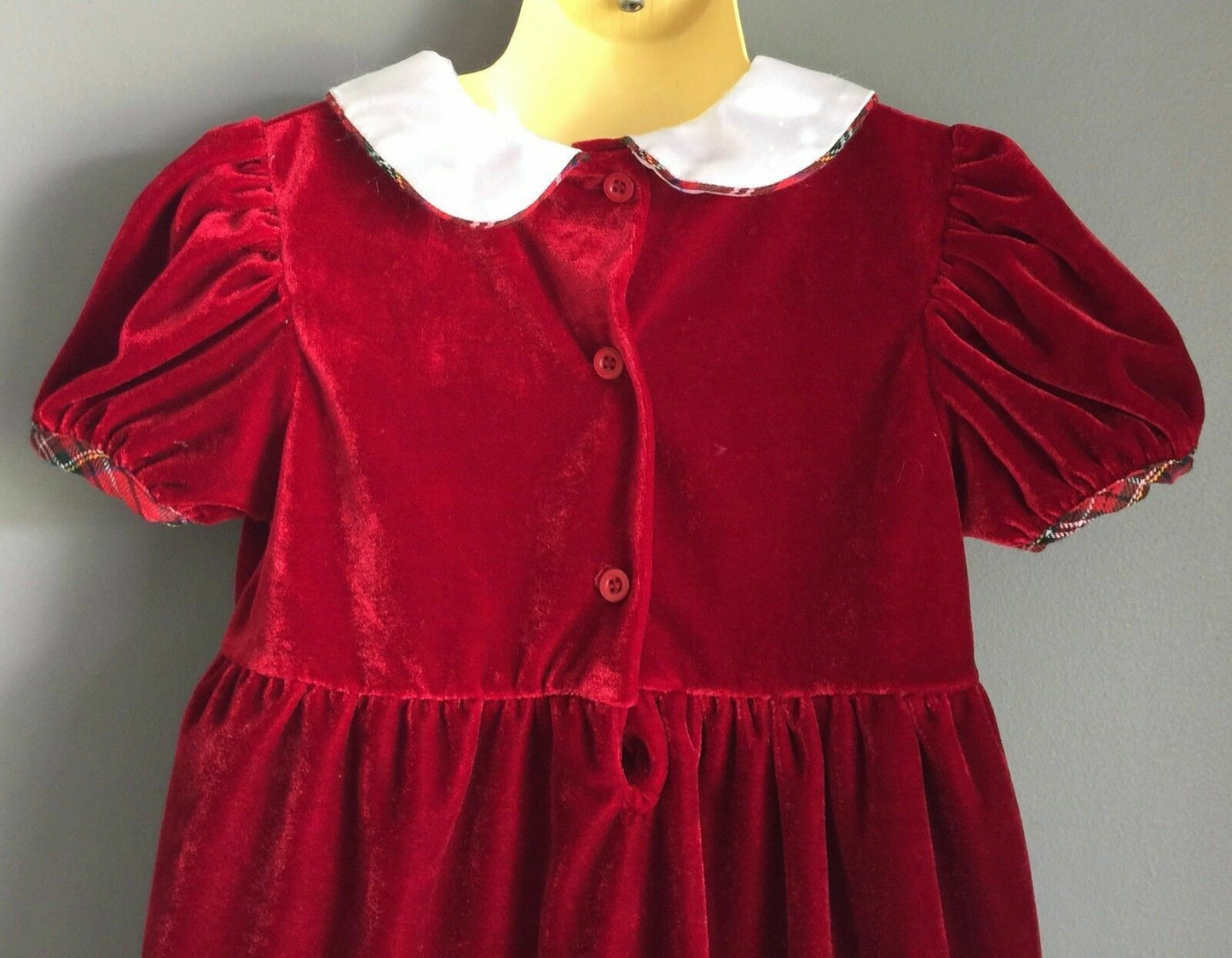 LONGROAL Dress Deep Red Velour Tartan w Peter Pan Collar Size 4 Vintage Girls