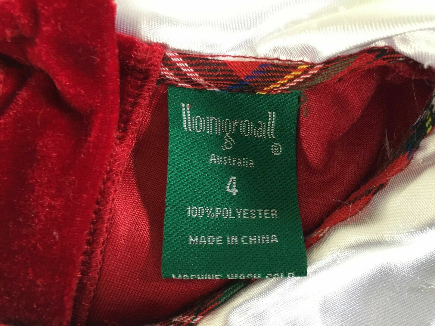 LONGROAL Dress Deep Red Velour Tartan w Peter Pan Collar Size 4 Vintage Girls