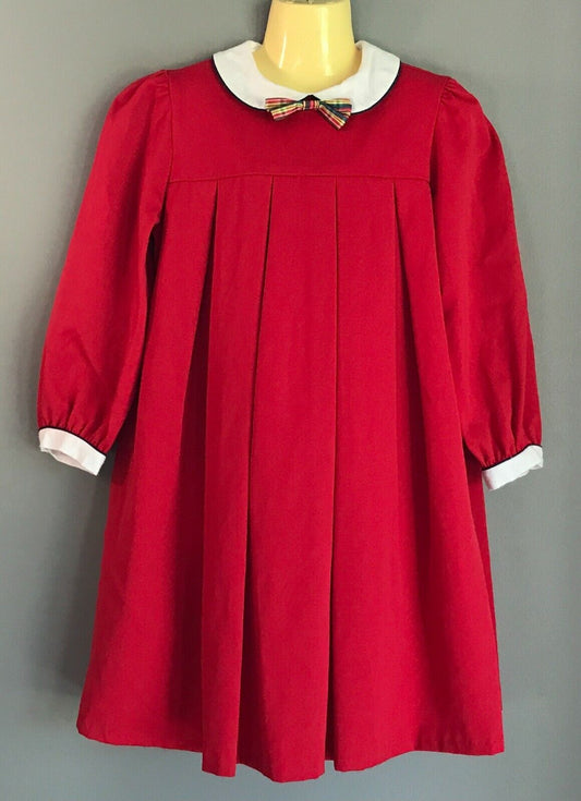 Vintage ST JAMES Smock Dress Red Long Sleeve Pleats Peter Pan Collar Girls Sz 5