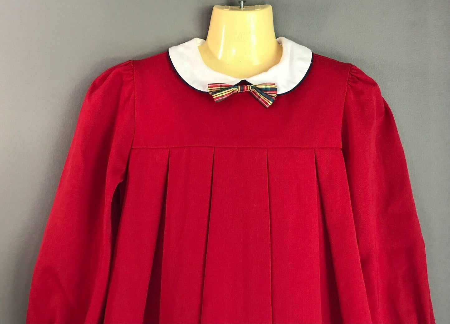 Vintage ST JAMES Smock Dress Red Long Sleeve Pleats Peter Pan Collar Girls Sz 5
