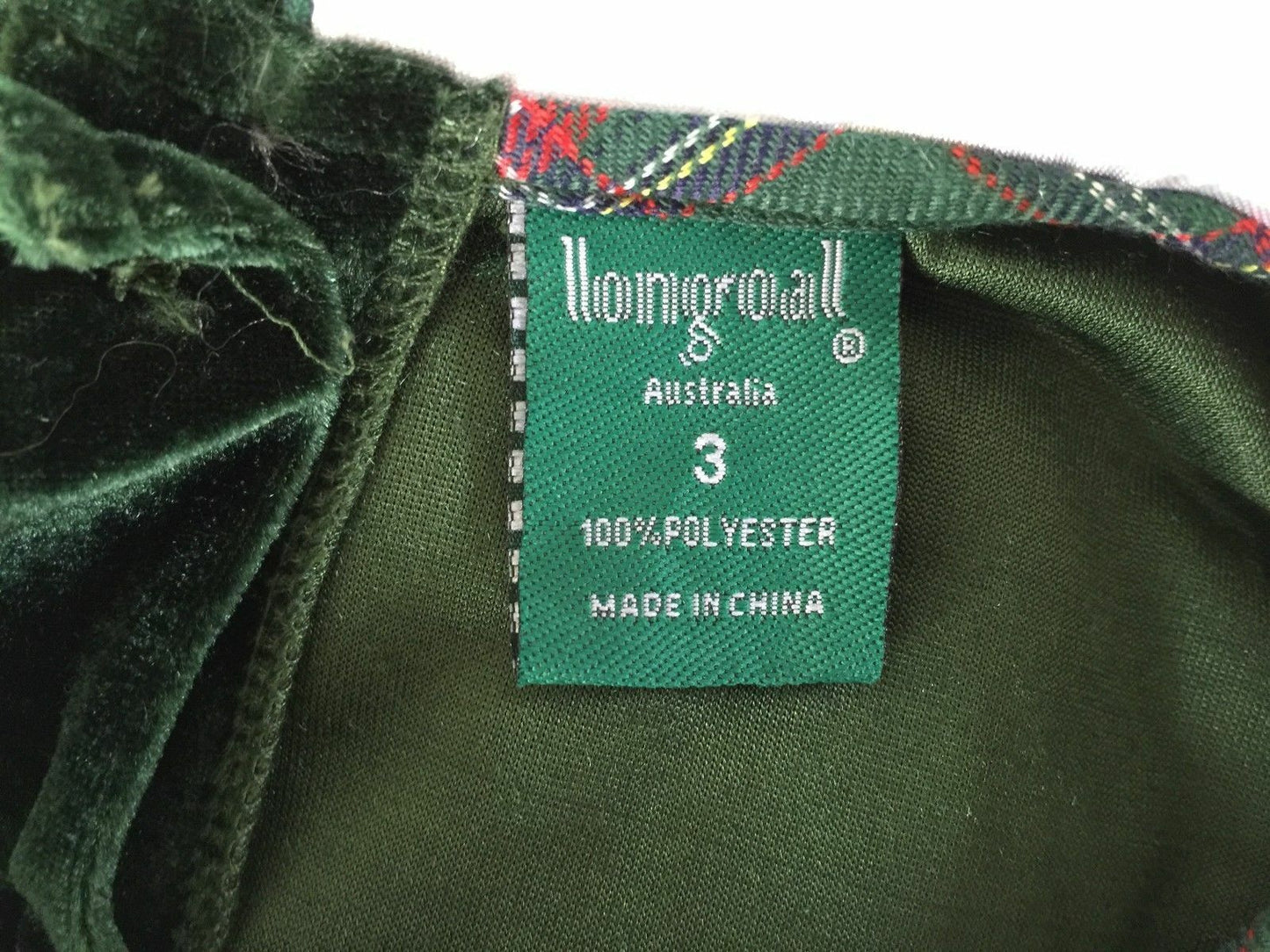 LONGROAL Dress Green Velour Tartan w Peter Pan Collar Girls Size 3 Vintage