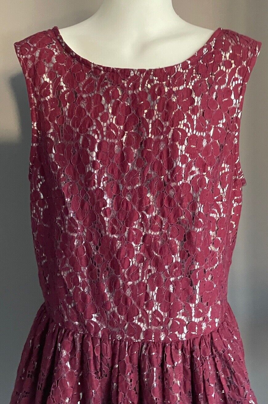 M&S Kids 13 - 14 yrs Teen Skater Dress Burgundy Lace Silver Lined Sleeveless