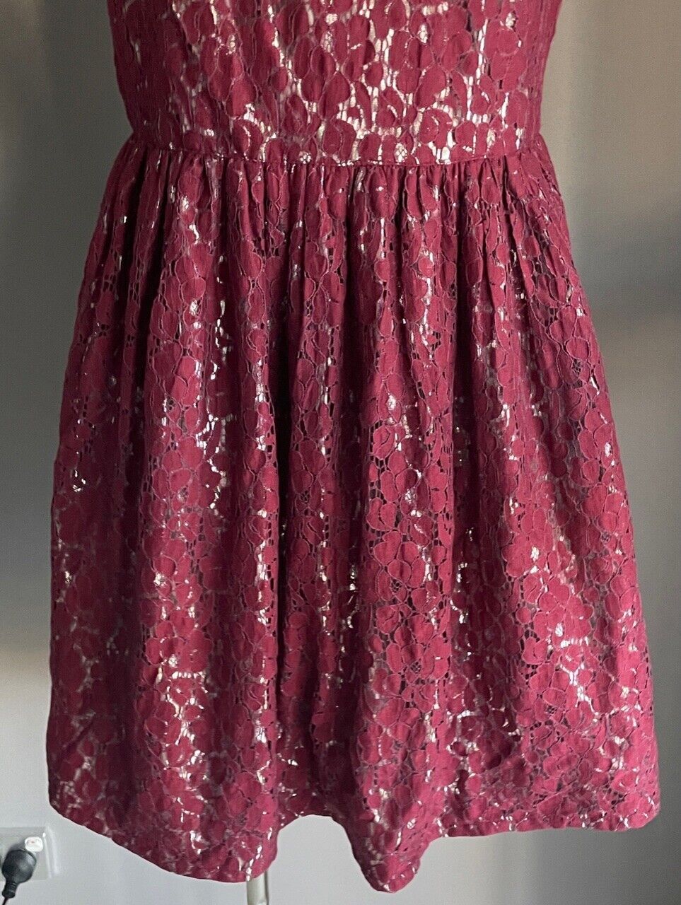 M&S Kids 13 - 14 yrs Teen Skater Dress Burgundy Lace Silver Lined Sleeveless