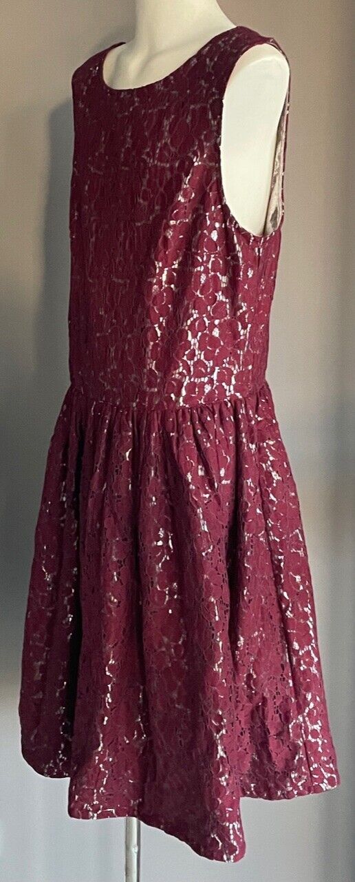M&S Kids 13 - 14 yrs Teen Skater Dress Burgundy Lace Silver Lined Sleeveless