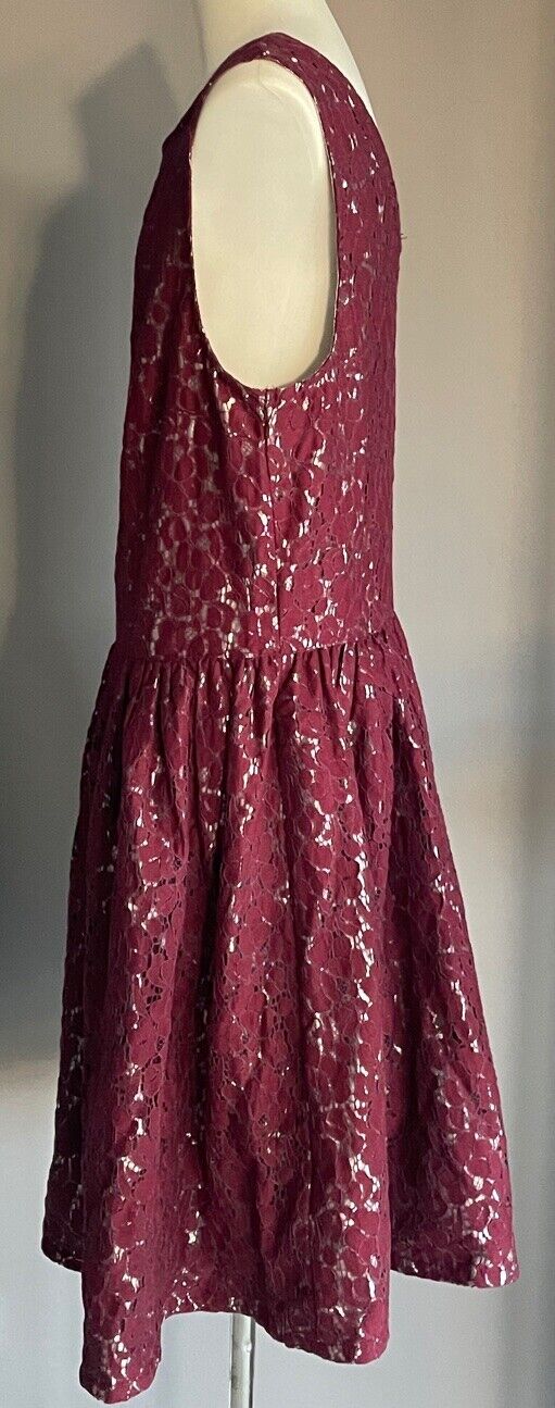 M&S Kids 13 - 14 yrs Teen Skater Dress Burgundy Lace Silver Lined Sleeveless