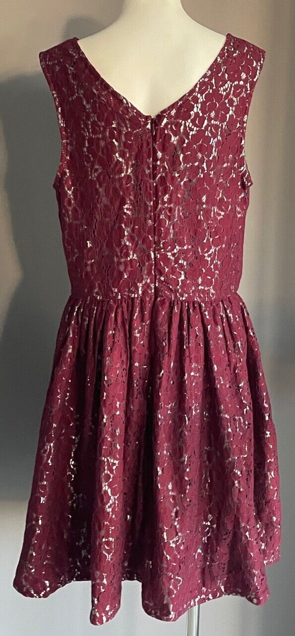 M&S Kids 13 - 14 yrs Teen Skater Dress Burgundy Lace Silver Lined Sleeveless