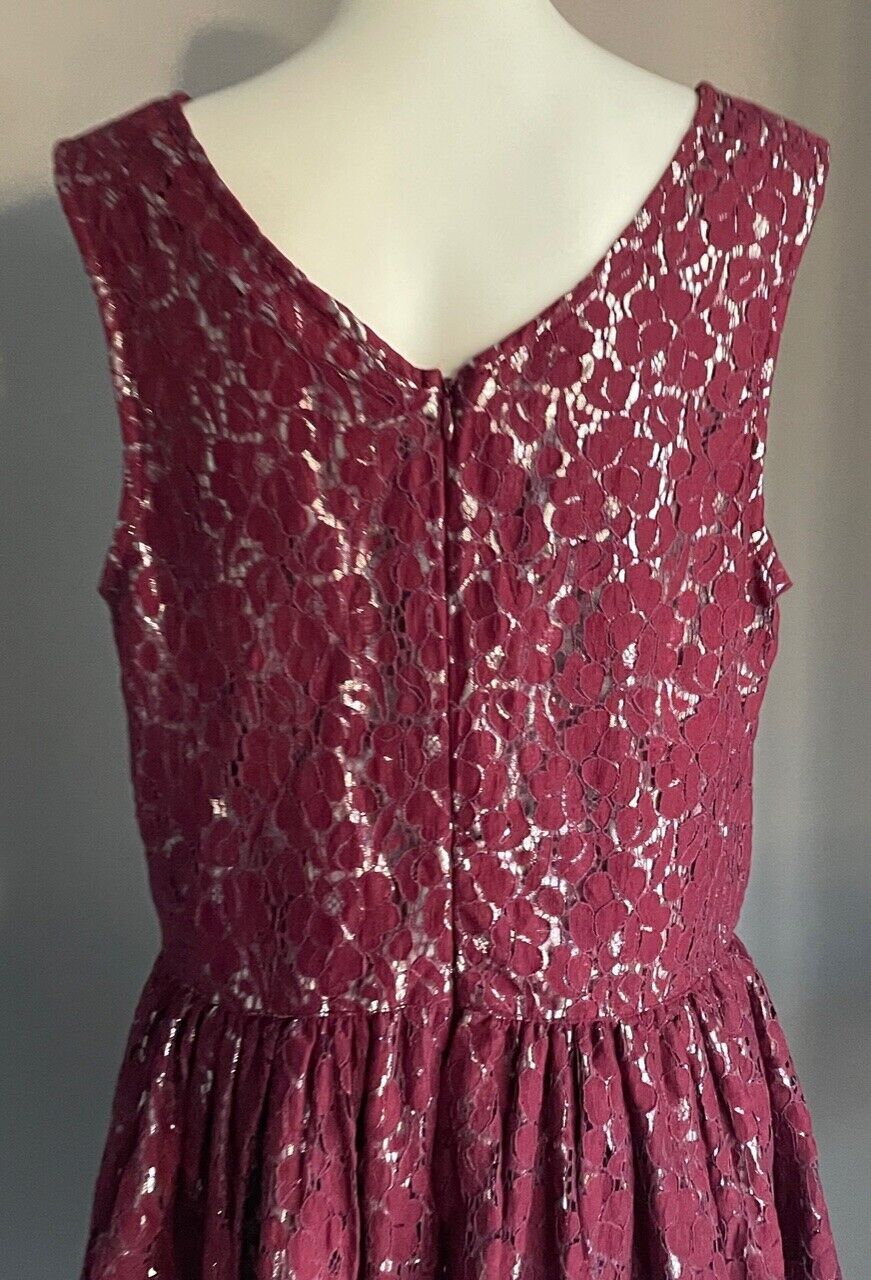 M&S Kids 13 - 14 yrs Teen Skater Dress Burgundy Lace Silver Lined Sleeveless