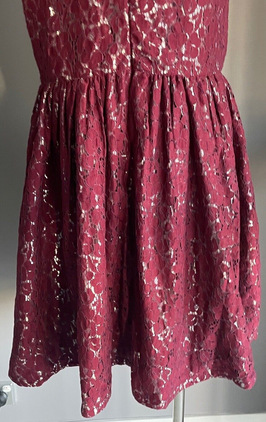 M&S Kids 13 - 14 yrs Teen Skater Dress Burgundy Lace Silver Lined Sleeveless