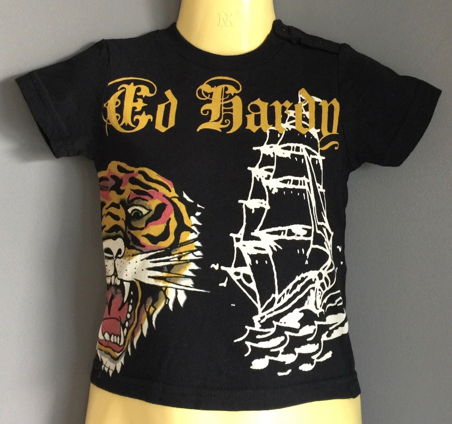 ED HARDY Black T Shirt w Motif Print Baby Boy Size 3 - 6 Months Tiger Ship Logo