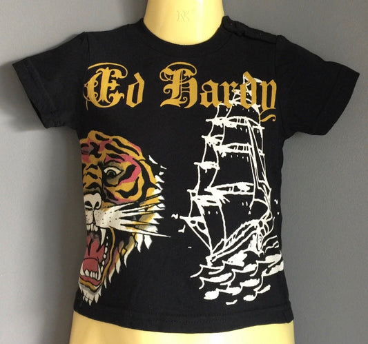 ED HARDY Black T Shirt w Motif Print Baby Boy Size 3 - 6 Months Tiger Ship Logo
