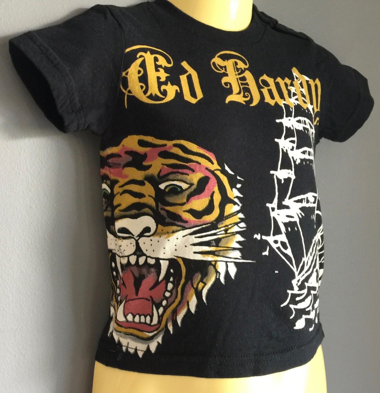 ED HARDY Black T Shirt w Motif Print Baby Boy Size 3 - 6 Months Tiger Ship Logo