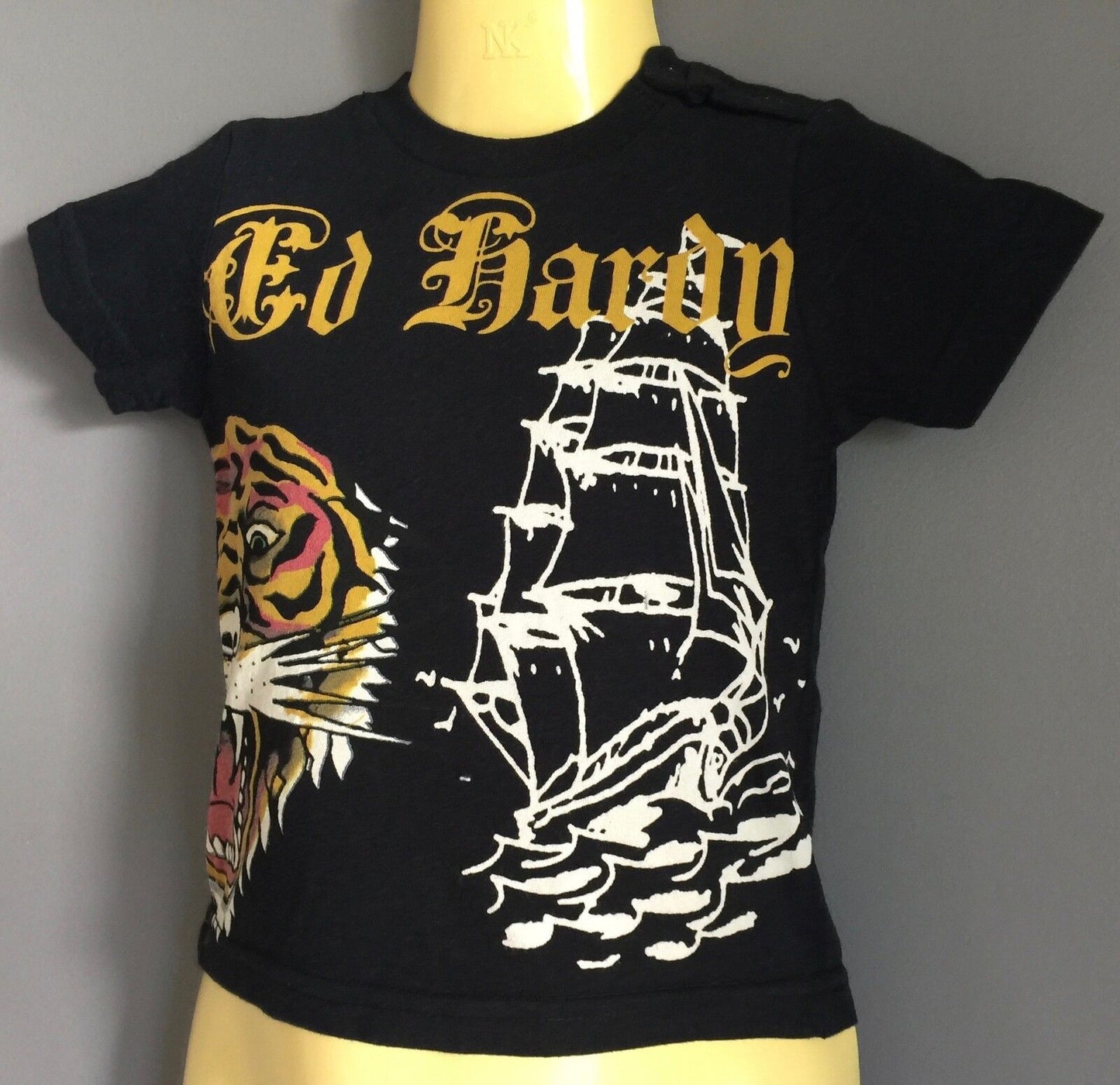 ED HARDY Black T Shirt w Motif Print Baby Boy Size 3 - 6 Months Tiger Ship Logo