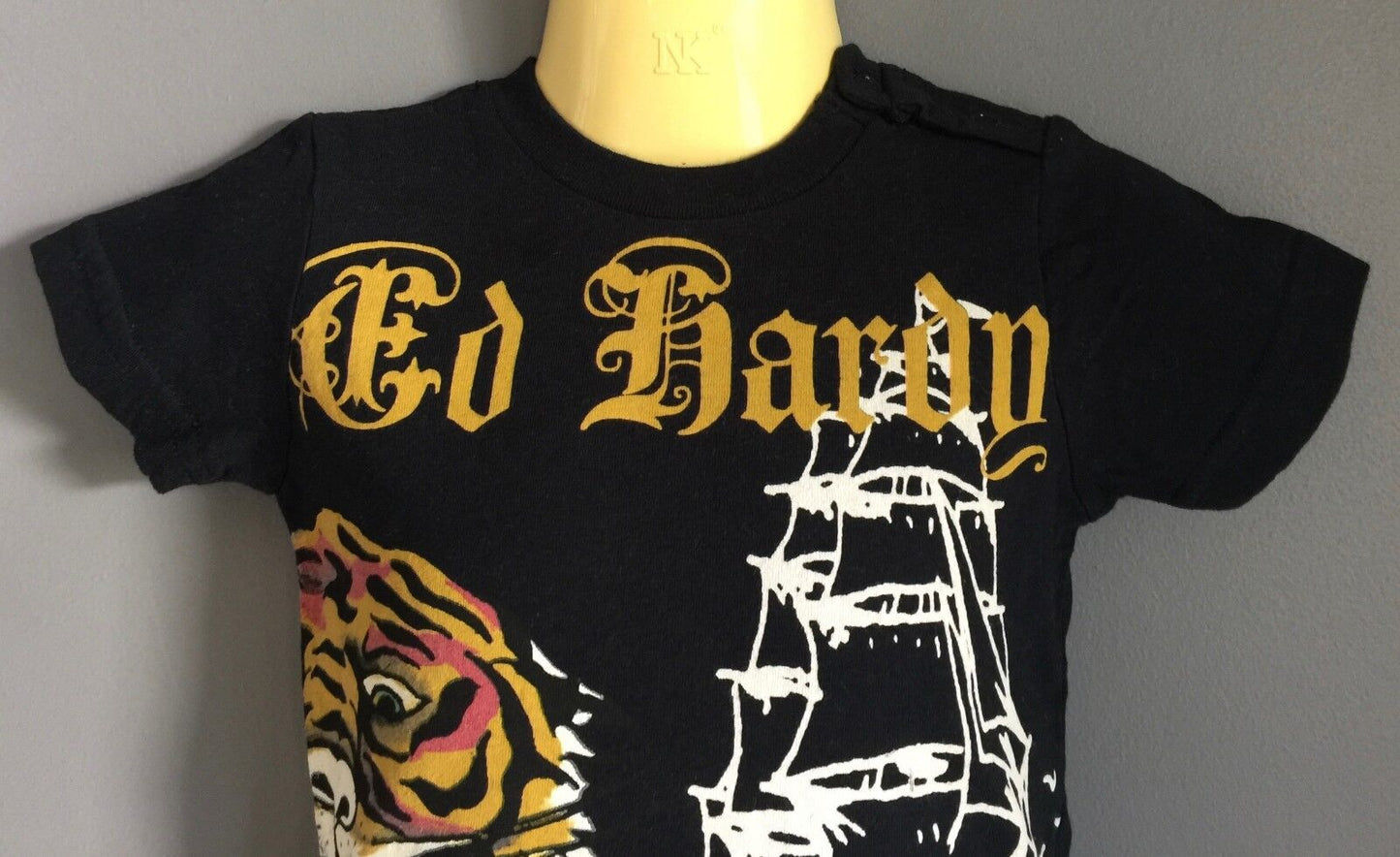 ED HARDY Black T Shirt w Motif Print Baby Boy Size 3 - 6 Months Tiger Ship Logo