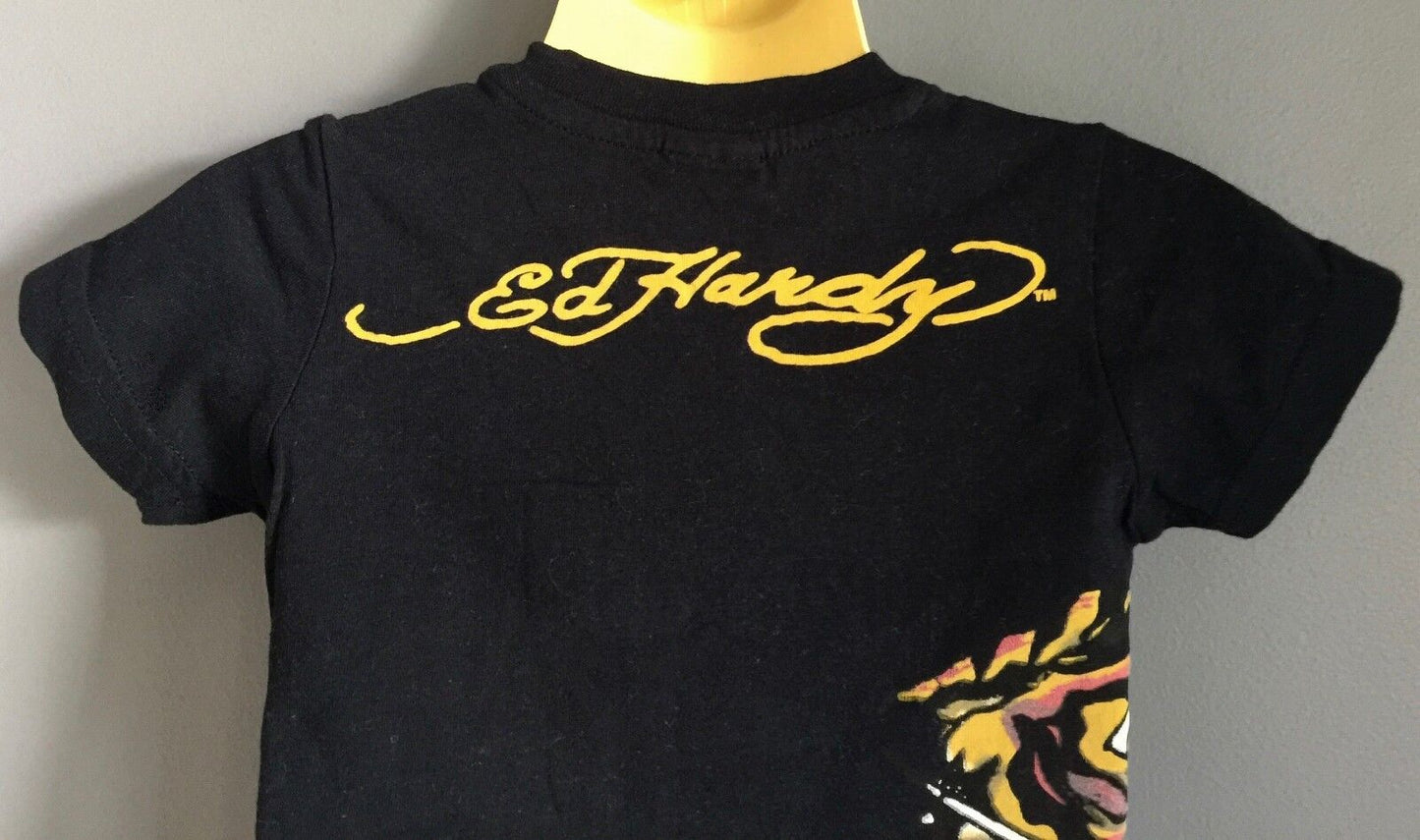 ED HARDY Black T Shirt w Motif Print Baby Boy Size 3 - 6 Months Tiger Ship Logo