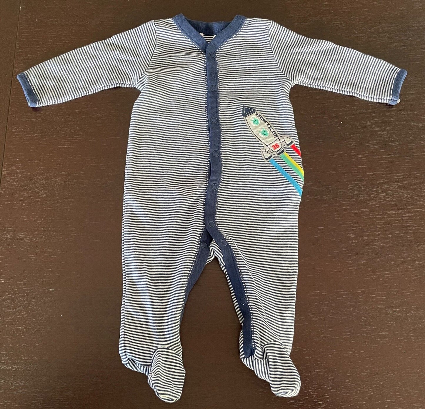 Baby CARTERS One Piece Romper Navy Blue White Stripe Cotton 000 3Mth Rocket Ship