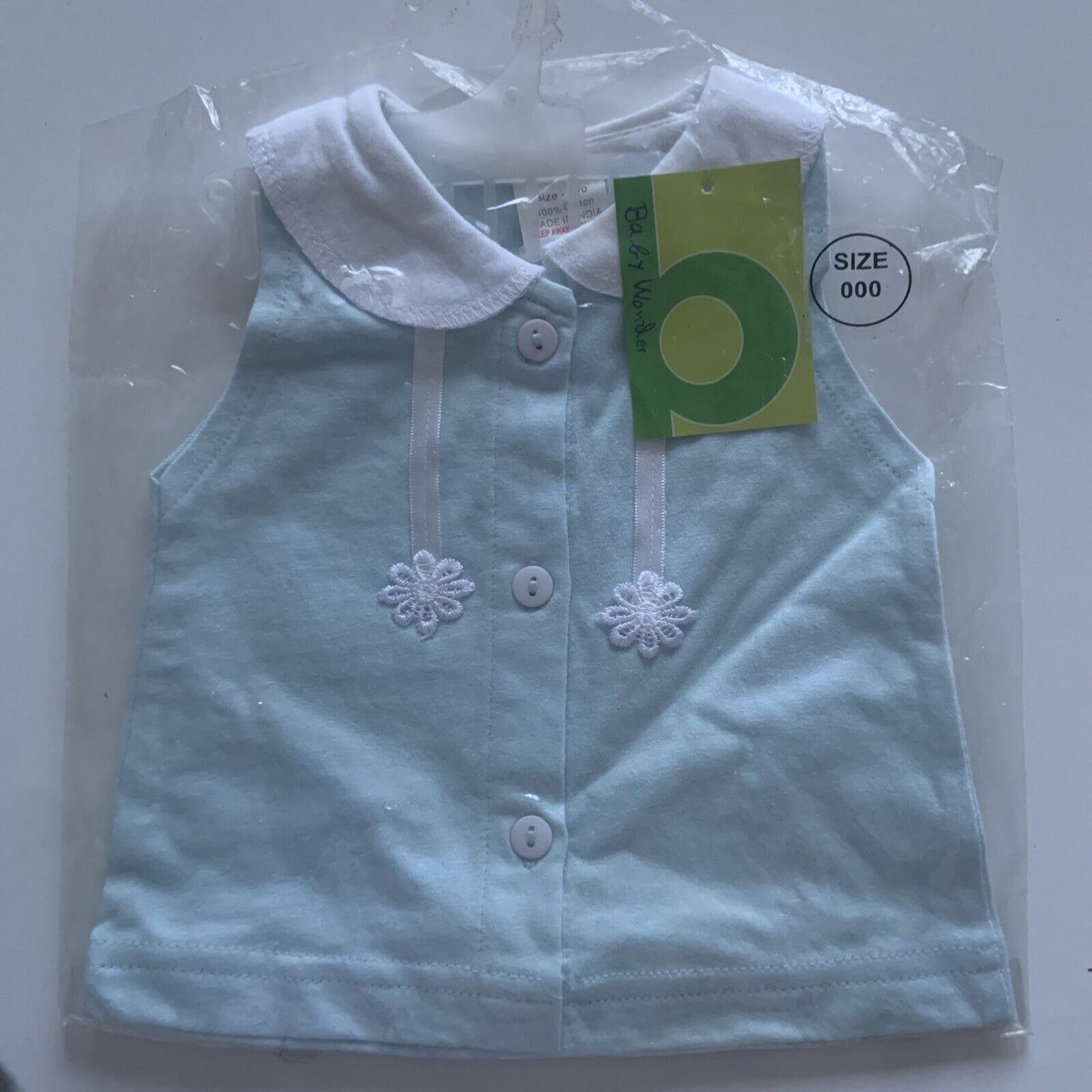 BABY WONDER Blue Shirt W Collar Size 000 0 3mth White Daisy Sleeveless 3 Buttons
