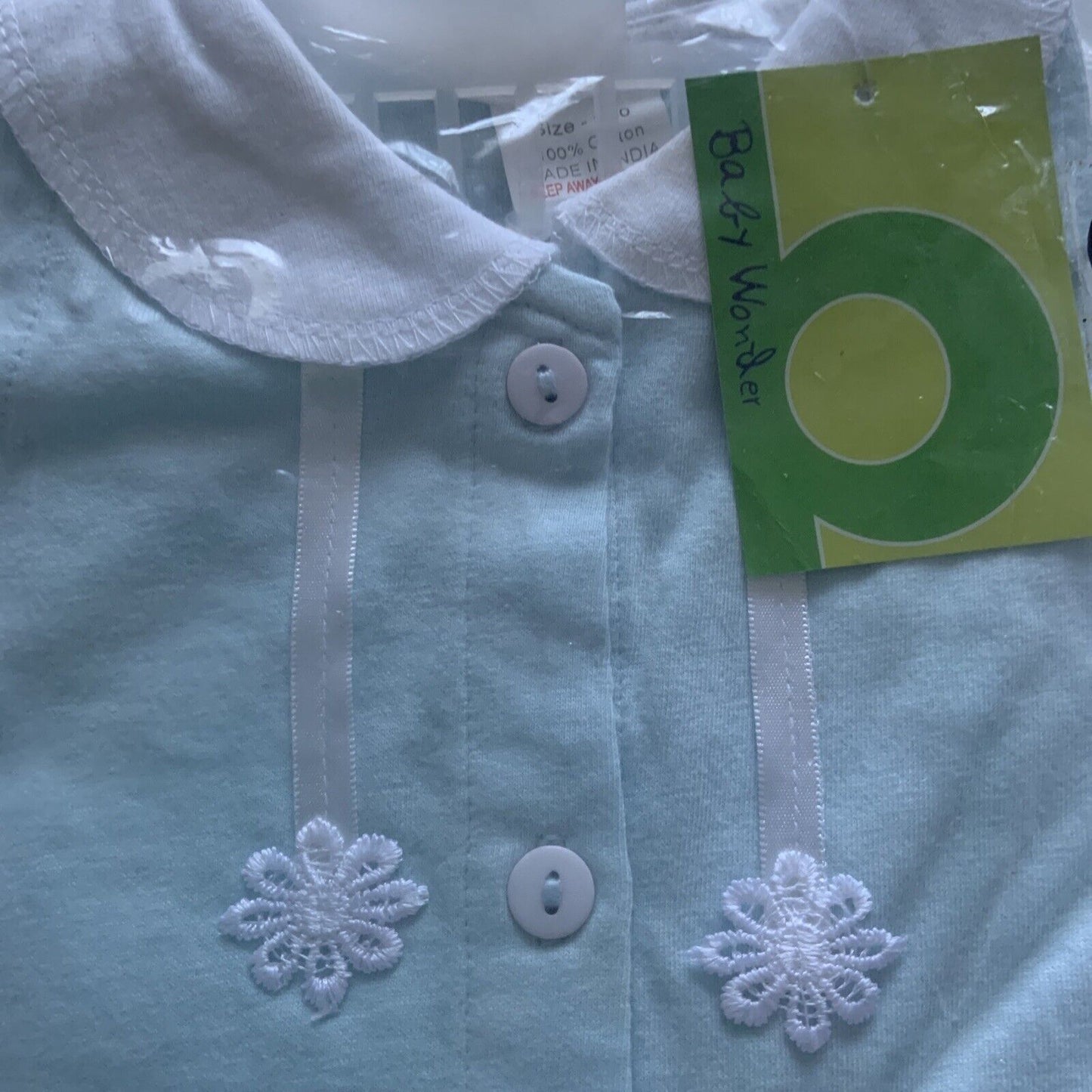 BABY WONDER Blue Shirt W Collar Size 000 0 3mth White Daisy Sleeveless 3 Buttons