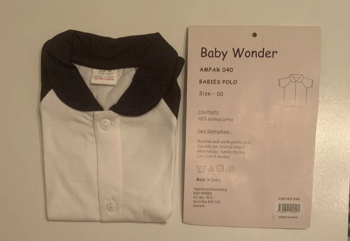 BABY WONDER Polo Shirt Size 00 3 6mth White W Navy Blue Collar Sleeves  3 Button