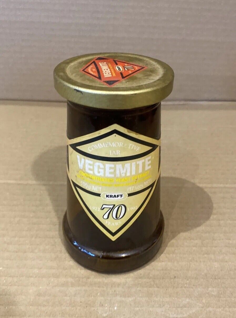 VEGEMITE Commemorative Amber Jar With Lid 70th Anniversary 1992 14cm Collectable