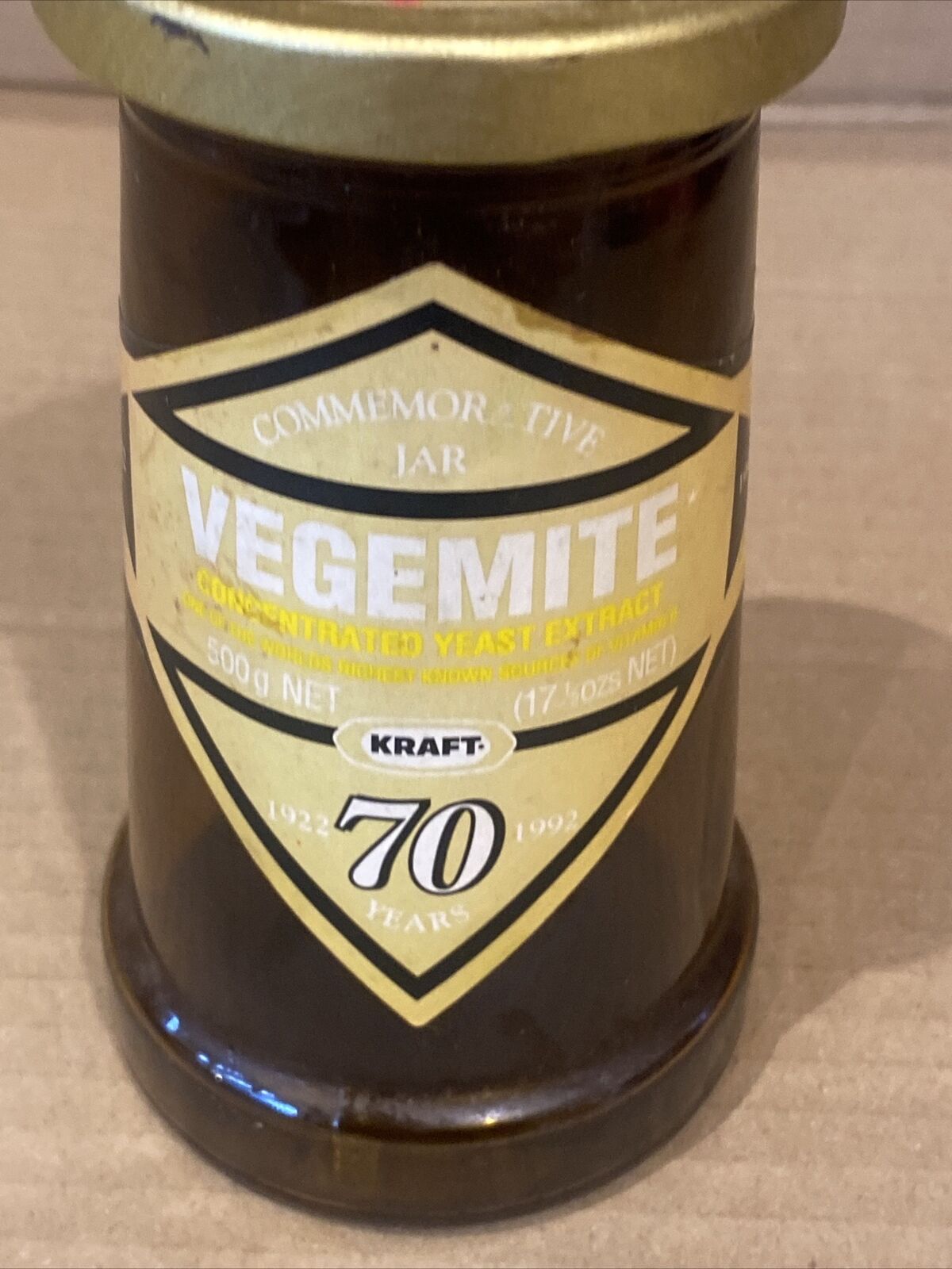 VEGEMITE Commemorative Amber Jar With Lid 70th Anniversary 1992 14cm Collectable
