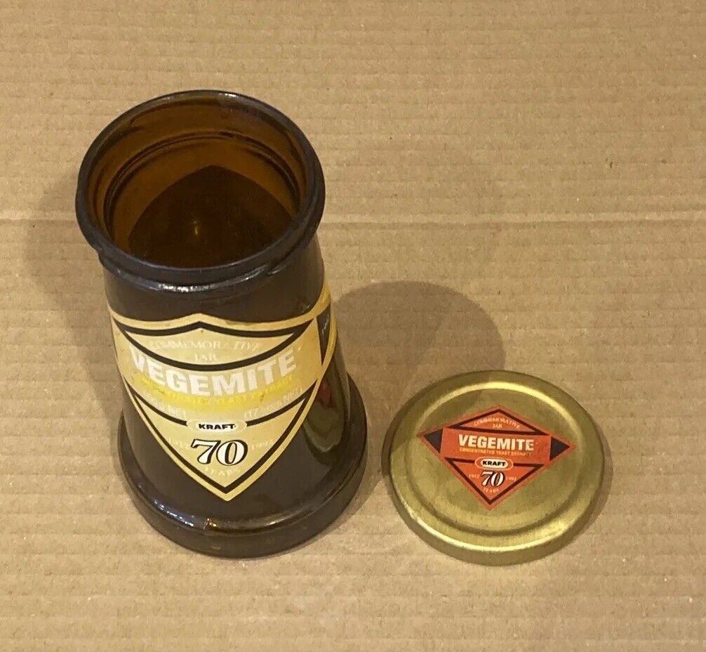 VEGEMITE Commemorative Amber Jar With Lid 70th Anniversary 1992 14cm Collectable