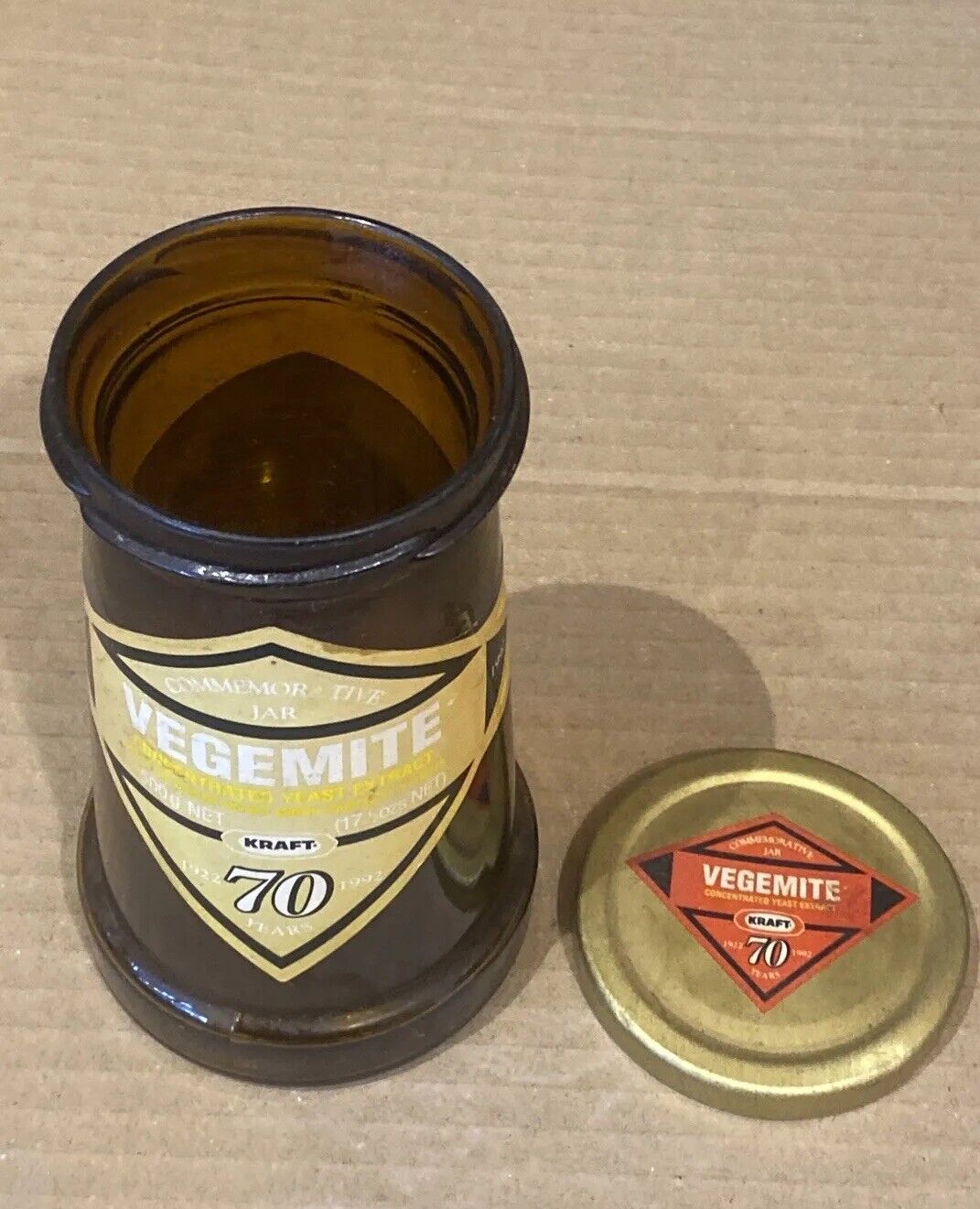 VEGEMITE Commemorative Amber Jar With Lid 70th Anniversary 1992 14cm Collectable