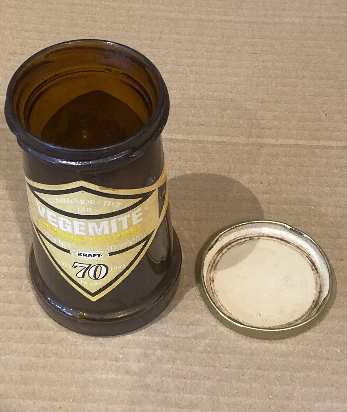 VEGEMITE Commemorative Amber Jar With Lid 70th Anniversary 1992 14cm Collectable