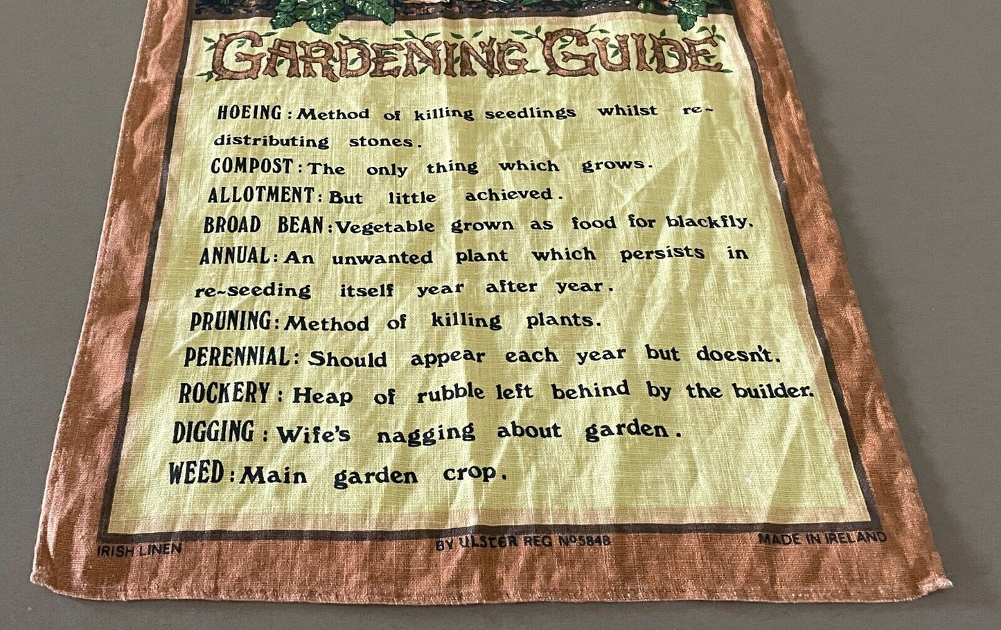 ULSTER Vintage Tea Towel GARDENING GUIDE Comedic Relief Funny Irish Linen