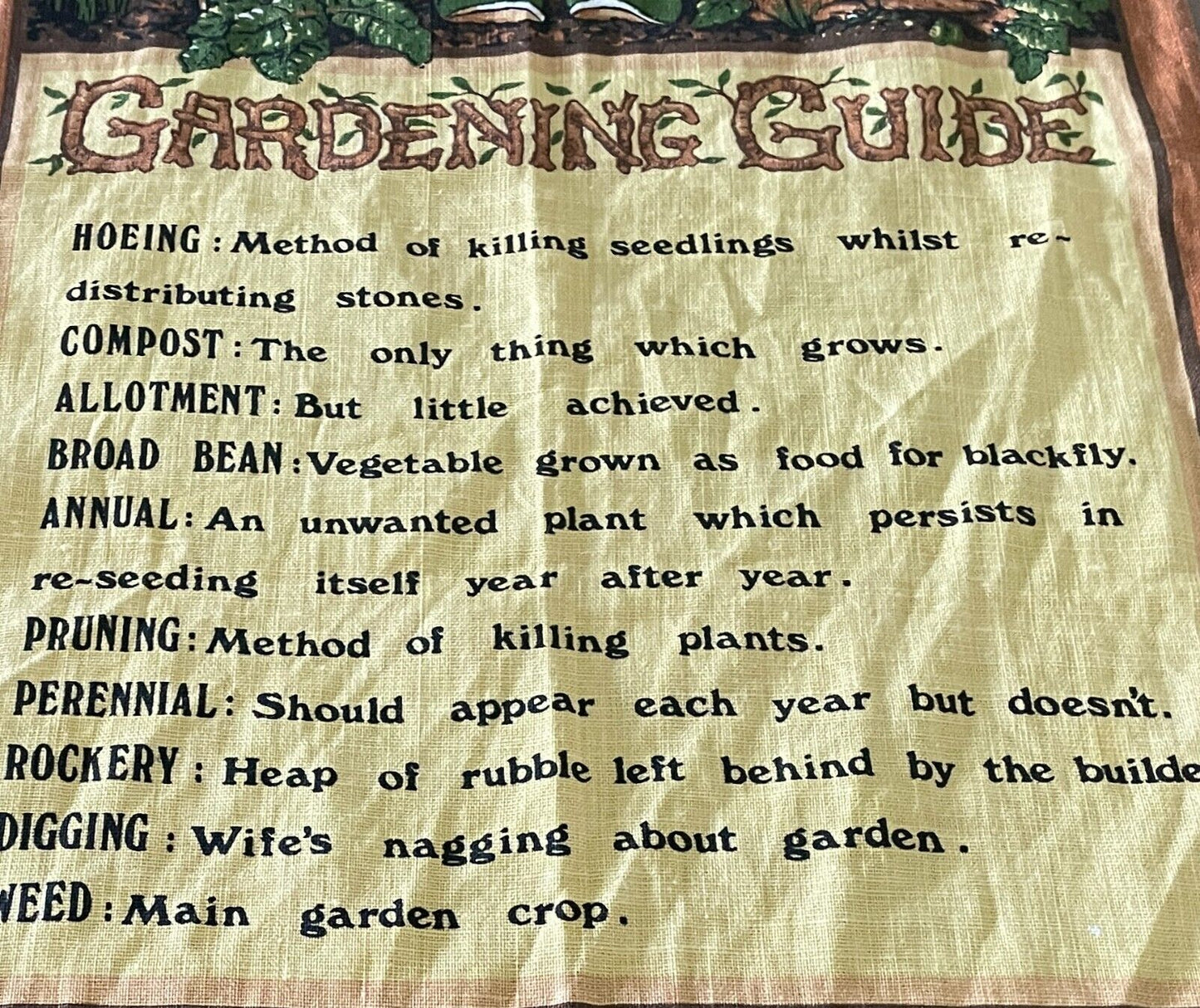 ULSTER Vintage Tea Towel GARDENING GUIDE Comedic Relief Funny Irish Linen