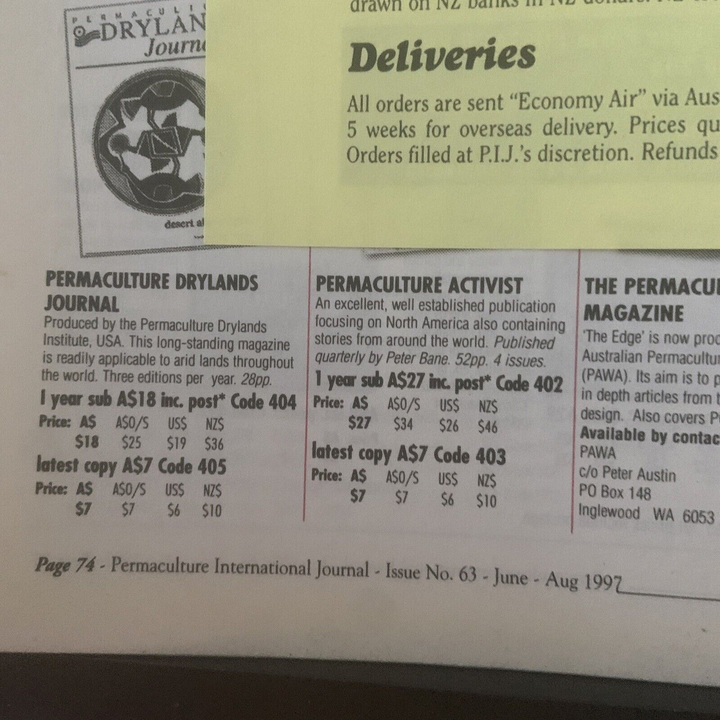 Vintage PERMA Culture International Journal #63 1997 Magazine Gardening Planting