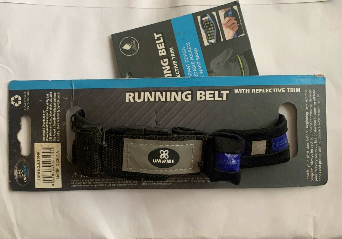 Uniwide RUNNING BELT Black Blue Reflective Stretch Belt Bag 2 Pouch Water Resist