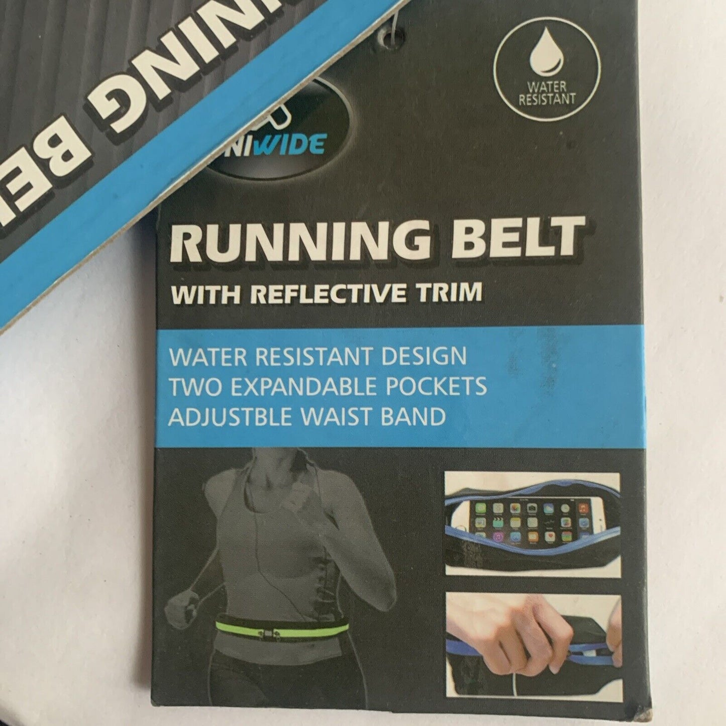 Uniwide RUNNING BELT Black Blue Reflective Stretch Belt Bag 2 Pouch Water Resist